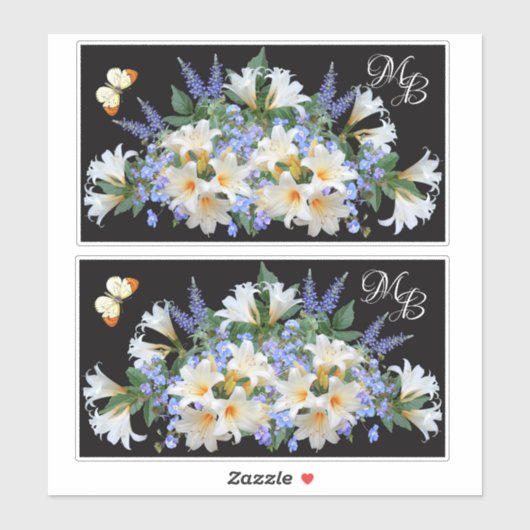 Sticker Lys blancs et fleurs de veronica bleue Monogramme (Feuille)