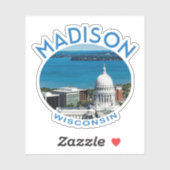 Sticker Madison Wisconsin avec légende et photo du lac (Feuille)