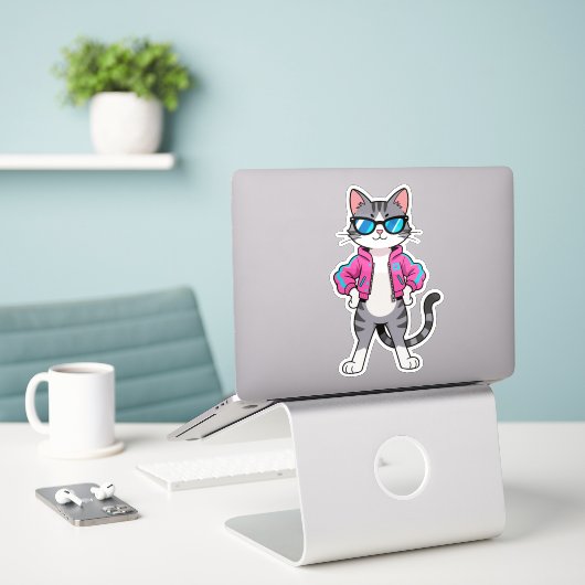 Sticker Magnifique Cool Retro Gamer Cat (Ordinateur portable sur le bureau)