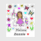 Sticker Main Drawn Ethnic Princess et Unicorn et nom (Feuille)