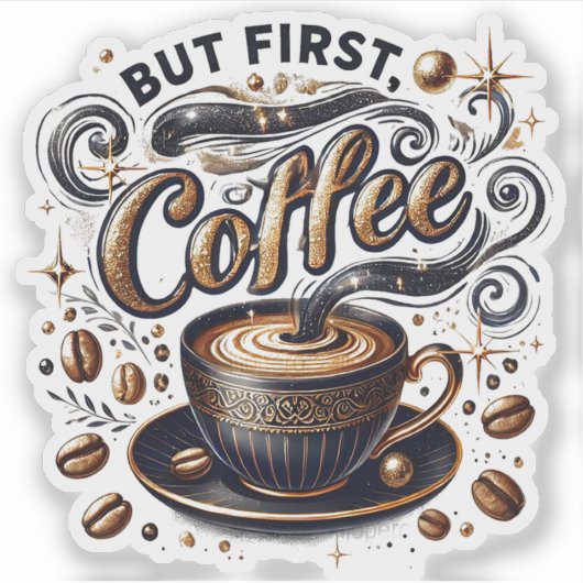 Sticker Mais First Coffee Art - Design Or Stylé (Devant)