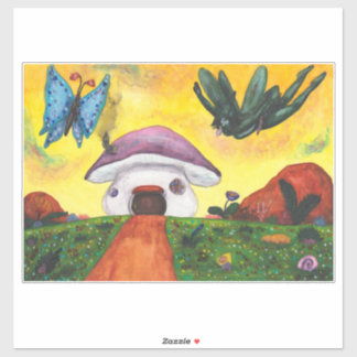 Sticker Maison Champignon Papillon Fée Fantastique Aquarel