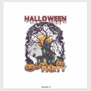 Sticker Maison Hantée Arbre Citrouilles Noir Fête Hallowee
