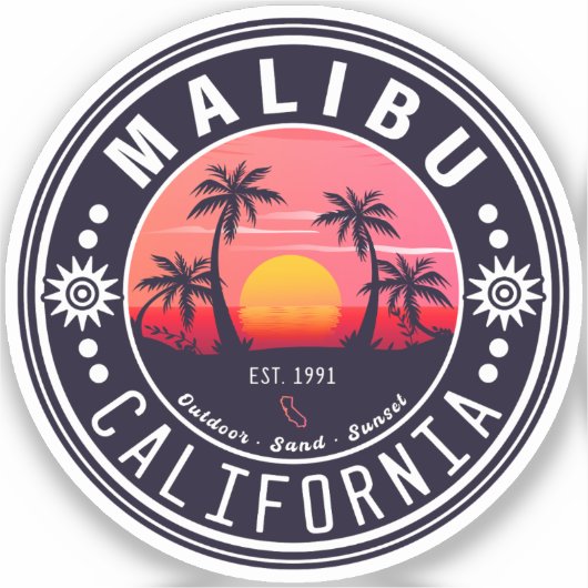 Sticker Malibu California Retro Sunset Palm Trees 60s (Recto)
