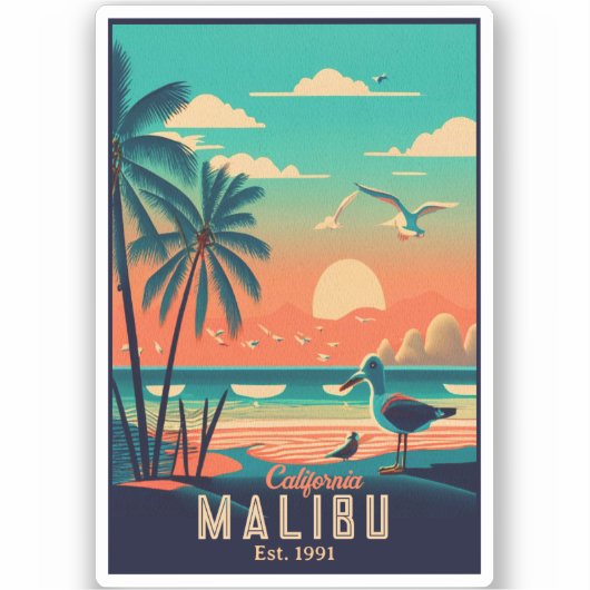 Sticker Malibu California Retro Sunset Souvenirs 1950 (Recto)