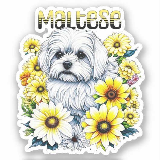 Sticker Maltais Petite : Gris de chien blanc en fleurs jau (Recto)