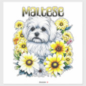 Sticker Maltais Petite : Gris de chien blanc en fleurs jau (Feuille)