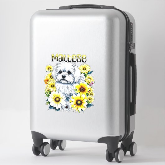 Sticker Maltais Petite : Gris de chien blanc en fleurs jau (Sur valise)