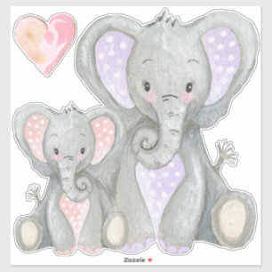 Sticker Maman n Baby adorable Pink Heart Lavender Elephant