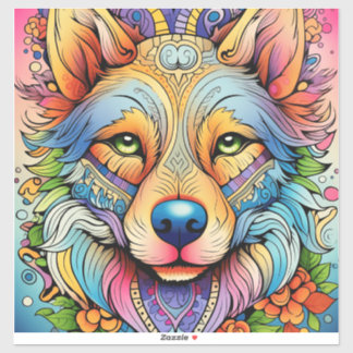 Sticker Mandala Wolf with Floral Accents