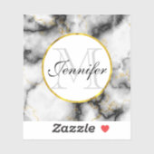 Sticker Marbre blanc moderne avec Monogramme de ruban or (Feuille)