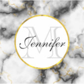 Sticker Marbre blanc moderne avec Monogramme de ruban or (Devant)