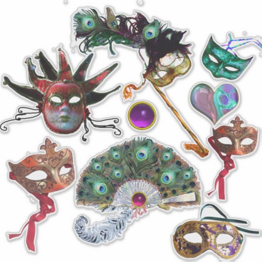 STICKER MARDI GRAS CARNIVAL MASKS, PEACOCK FEATHERS VENTIL (Devant)