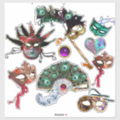 STICKER MARDI GRAS CARNIVAL MASKS, PEACOCK FEATHERS VENTIL (Feuille)
