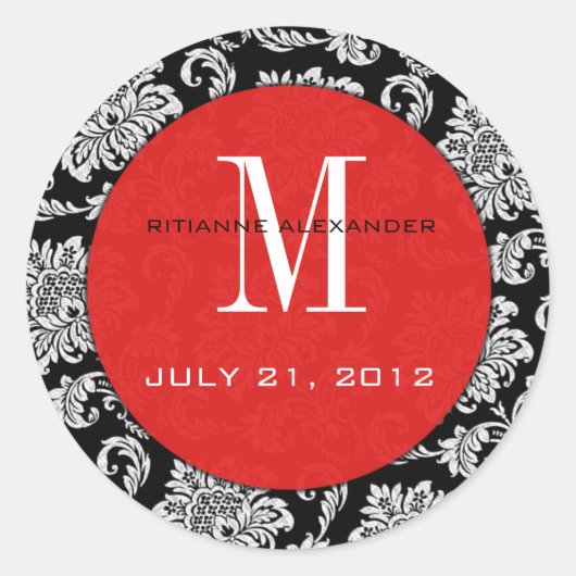 Sticker Mariage de monogramme rouge Damask noir (Devant)