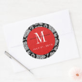 Sticker Mariage de monogramme rouge Damask noir (Enveloppe)
