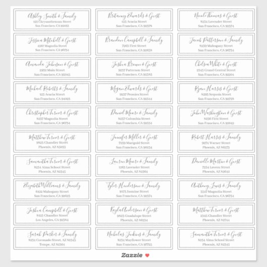 Sticker Mariage de script moderne nom d'invité adresse (Feuille)