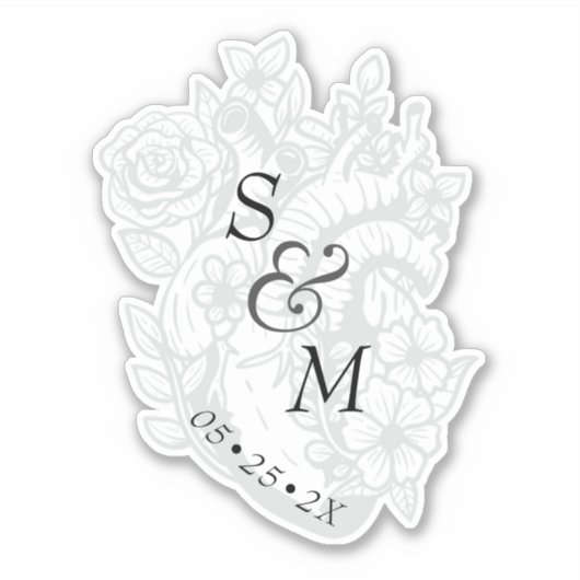 Sticker Mariage gothique Date Blanc Éffrayant Coeur Monogr (Devant)