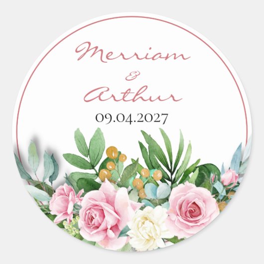 Sticker Mariage rond classique Roses roses (Devant)