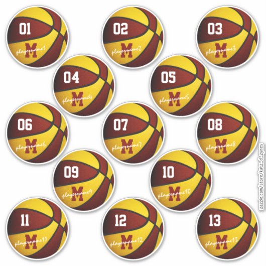 Sticker maroon or basketball coutume 13 joueurs noms (Devant)