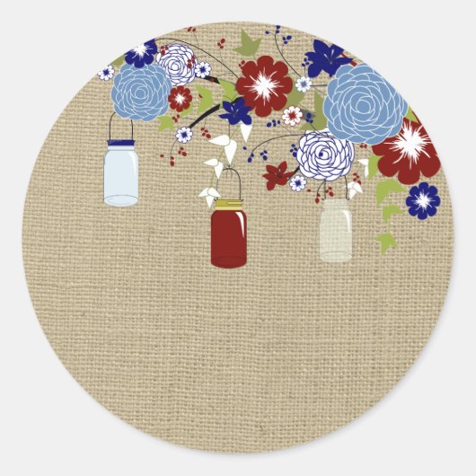 Sticker Mason Rouge et Bleu Grange Jar Faux Burlap (Devant)