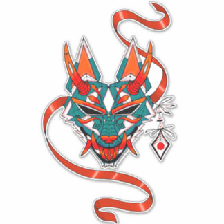 Sticker Masque renard japonais blanc orange vert