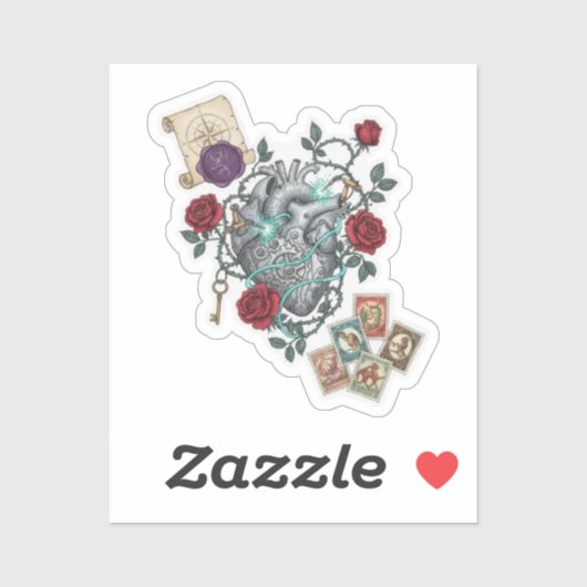 Sticker Mechanical Heart with Roses – Vintage Surreal Art (Feuille)