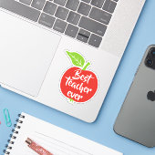 Sticker Meilleur Prof Ever texte blanc pomme rouge (Ordinateur portable avec iPhone)
