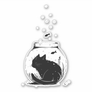 Sticker Mémerisation d'un chat noir dans un bol de pêche