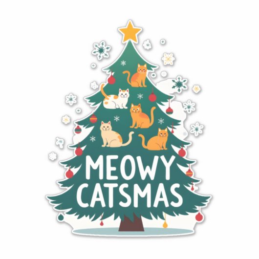 Sticker Meowy Catmas Cat Christmas Tree Xmas Funny Santa C (Devant)