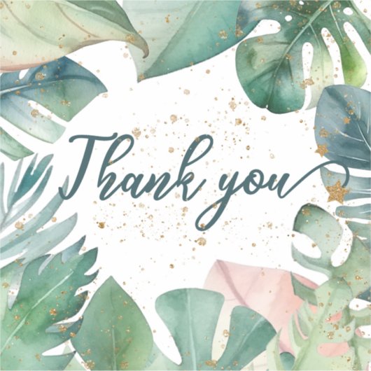 Sticker Merci avec parties scintillant en or feuille tropi (Devant)