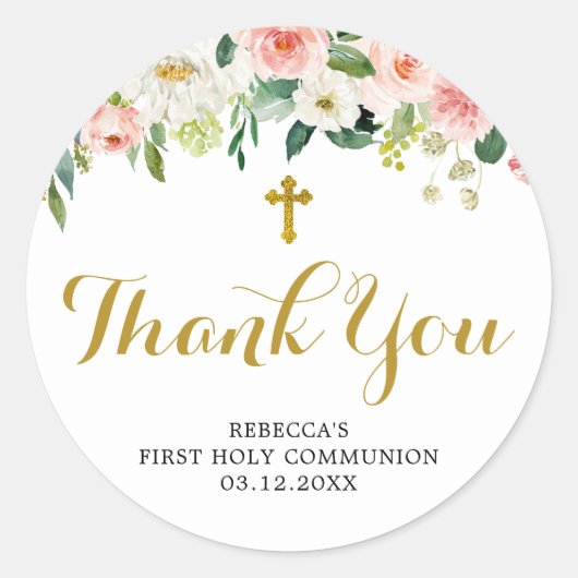 Sticker Merci de première communion rose floral fi (Devant)