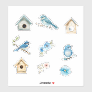 Sticker Merle bleu et nichoirs