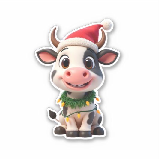 Sticker Merry Christmas Cow Santa Christmas Lights Cow Xma (Devant)