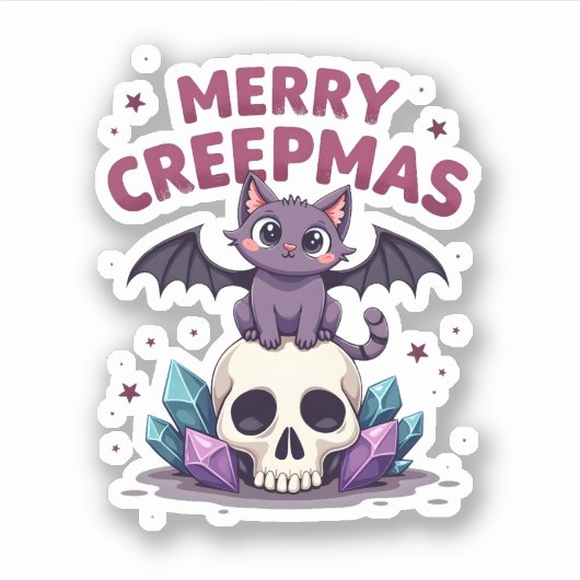 Sticker Merry Creepmas Cat Pastel Goth Christmas Skull T-S (Devant)