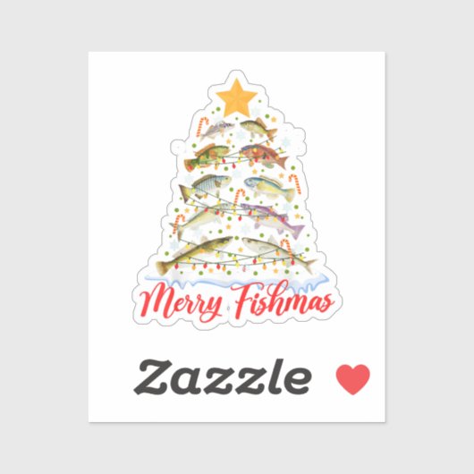 Sticker Merry Fishmas Funky Christmas Tree Lights Fish Fis (Feuille)