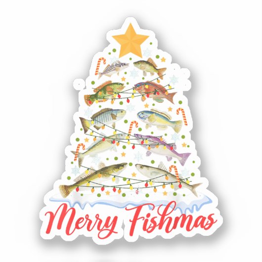 Sticker Merry Fishmas Funky Christmas Tree Lights Fish Fis (Recto)