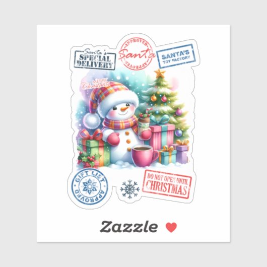 Sticker Merry Snowman With Festive Gifts and Holiday Cheer (Feuille)