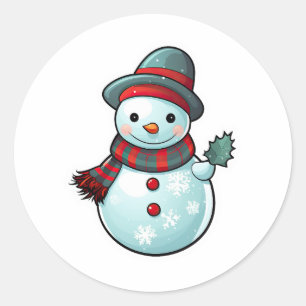 Sticker met een schattige sneeuwman met een blad