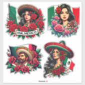 Sticker Mexicaine Fille et homme sombrero mexico Drapeau a (Feuille)