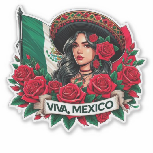 Sticker Mexicaine Fille Viva mexico Illustration du drapea (Devant)