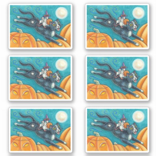 STICKER MICE BLANCHE & CHAT NOIR SUR CHASSE CITROUILLE HAL (Devant)