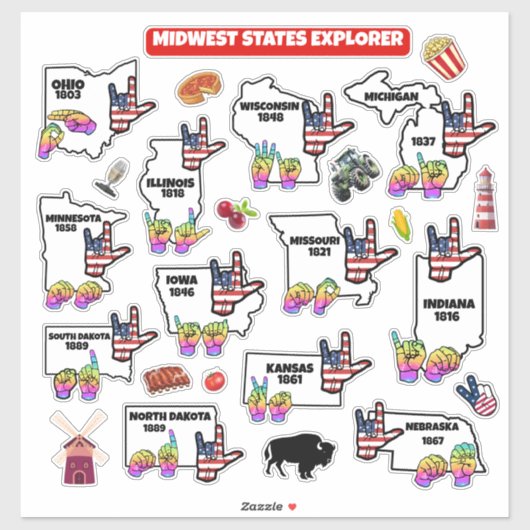 Sticker Midwest Learning Map – ASL & State Symbols (Feuille)