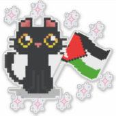 Sticker mignon chat noir tient drapeau de la Palestine (Devant)