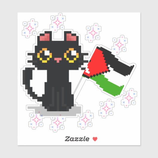 Sticker mignon chat noir tient drapeau de la Palestine (Feuille)