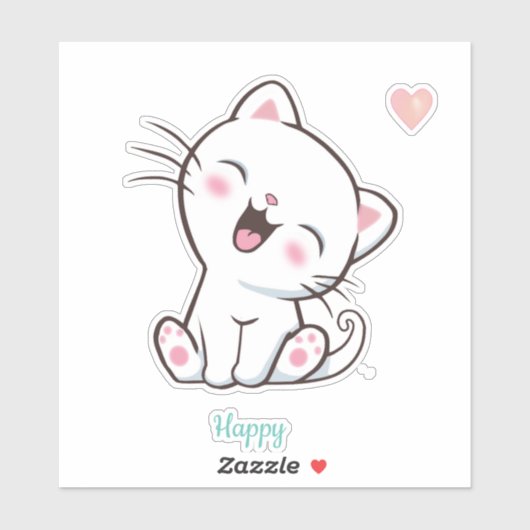 Sticker Mignon chaton heureux & cœur (Feuille)