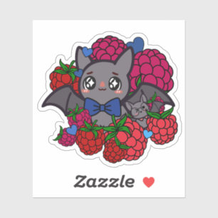 Sticker Mignon Chauve-souris Kawaii avec Framboises Rouges