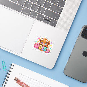 Sticker Mignon Kawaii Daisy Highland Cow Nom Pastel Rose F