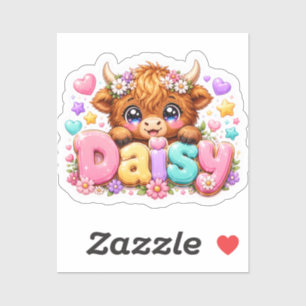 Sticker Mignon Kawaii Daisy Highland Cow Nom Rose Pastel F