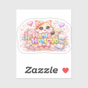 Sticker Mignon Kawaii Fabriqué Avec Amour Chat Nom Pastel
